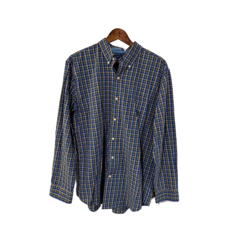 Chaps Plaid Button Down Shirt‎ Mens Large Blue Green Orange Excellent Easy Care